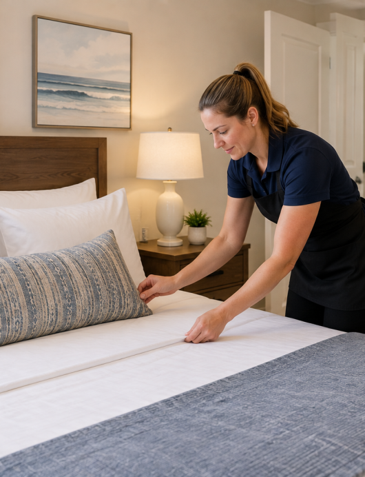 Professional cleaner smoothing fresh linens on a vacation rental bed