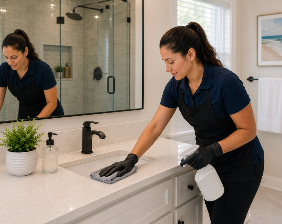 Cleaner sanitizing a bathroom counter and sink