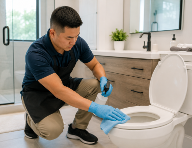 Cleaning technician disinfecting a bathroom toilet during a deep clean