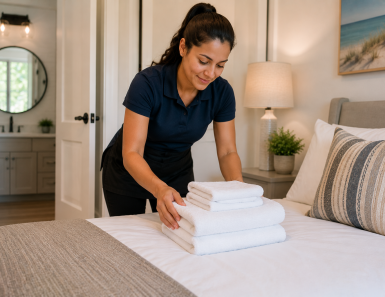 Freshly folded towels placed on a bed for the next guest