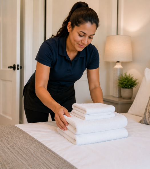 Freshly folded towels placed on a bed for the next guest