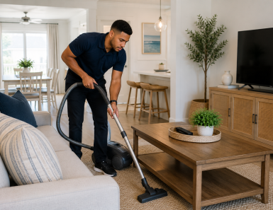 Cleaning technician vacuuming a living room rug during a rental turnover